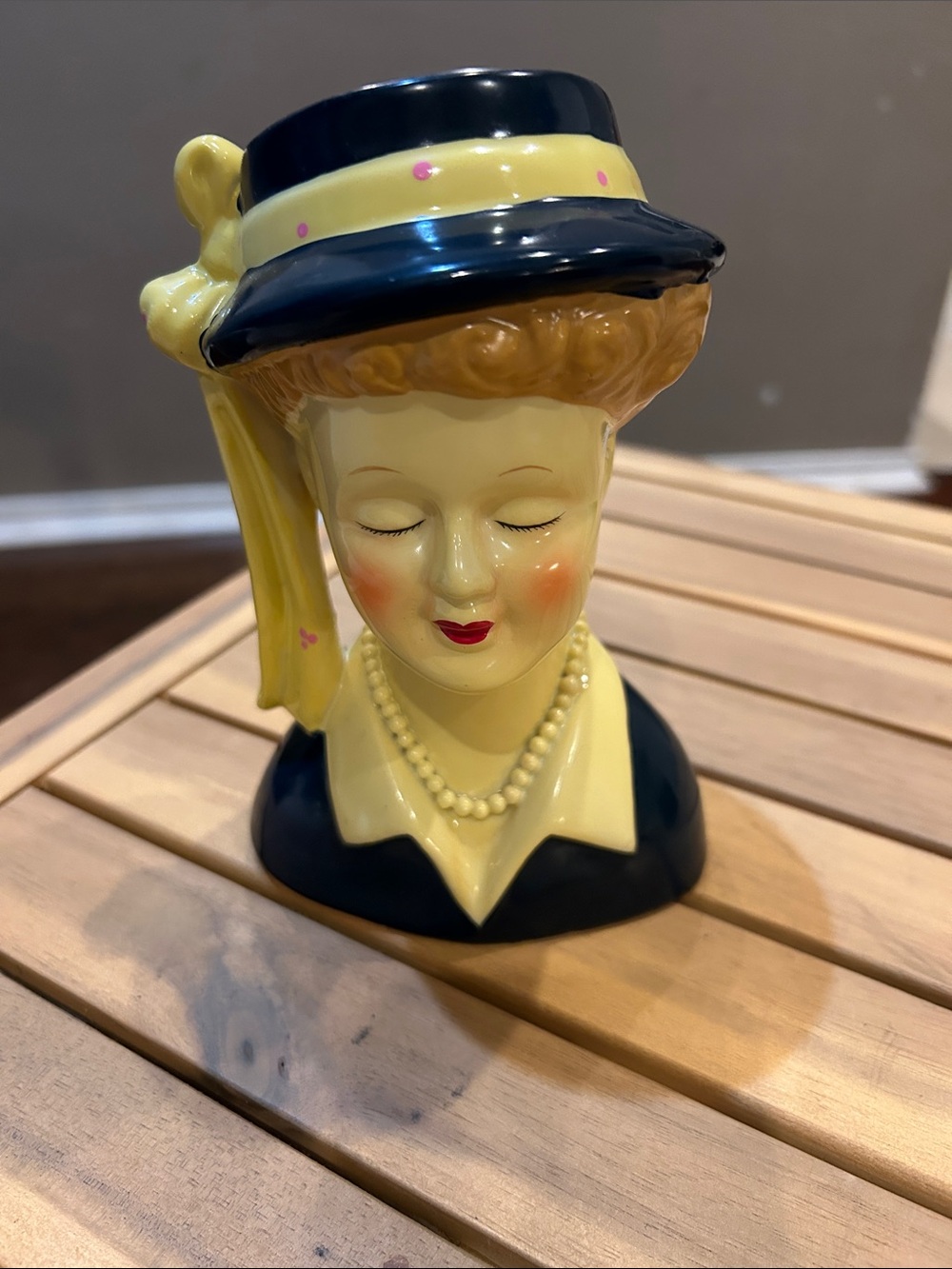 Vintage Ceramic Lady Head Vase in Yellow and Navy